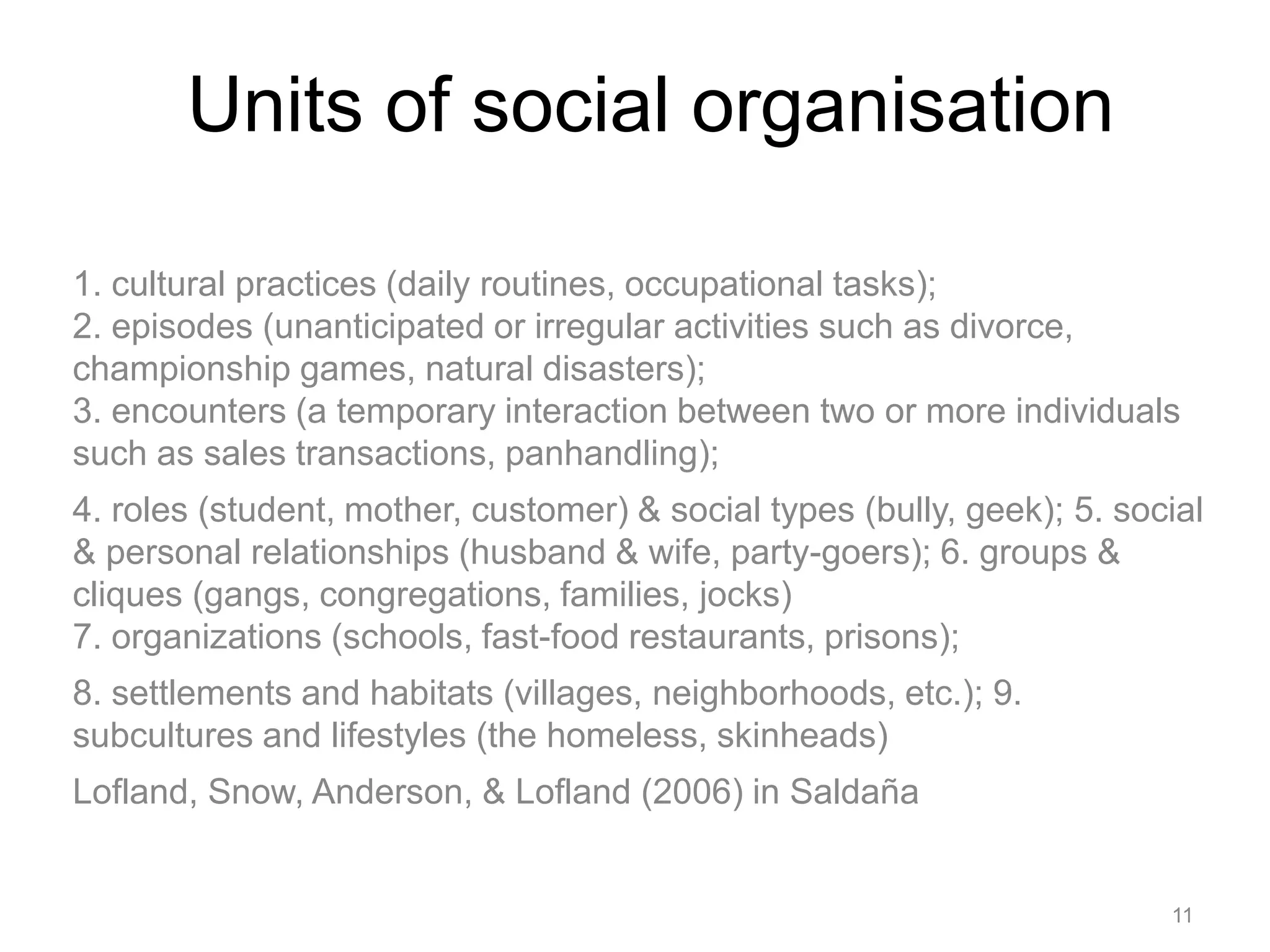 Units of social organisation
1. cultural practices (daily routines, occupational tasks);
2. episodes (unanticipated or irregular activities such as divorce,
championship games, natural disasters);
3. encounters (a temporary interaction between two or more individuals
such as sales transactions, panhandling);
4. roles (student, mother, customer) & social types (bully, geek); 5. social
& personal relationships (husband & wife, party-goers); 6. groups &
cliques (gangs, congregations, families, jocks)
7. organizations (schools, fast-food restaurants, prisons);
8. settlements and habitats (villages, neighborhoods, etc.); 9.
subcultures and lifestyles (the homeless, skinheads)
Lofland, Snow, Anderson, & Lofland (2006) in Saldaña
11
 