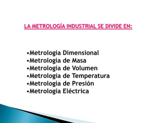 LA METROLOGÍA INDUSTRIAL SE DIVIDE EN:



•Metrología Dimensional
•Metrología de Masa
•Metrología de Volumen
•Metrología de Temperatura
•Metrología de Presión
•Metrología Eléctrica
 