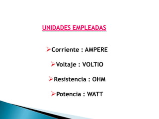 UNIDADES EMPLEADAS


 Corriente : AMPERE

  Voltaje : VOLTIO

 Resistencia : OHM

  Potencia : WATT
 