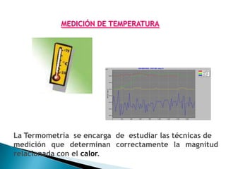 MEDICIÓN DE TEMPERATURA




                                                                                   OM-3000 MAS - SUP.IZQ. (deg C)
                                                                                                                                                                                         IZQUIERDA
                                                                                                                                                                                         DERECHA
                                                                                                                                                                                         SUP. DER
                                           153.0                                                                                                                                         SUP.IZQ.




                                           152.5




                                           152.0




                        SUP.IZQ. (deg C)
                                           151.5




                                           151.0




                                           150.5




                                           150.0


                                                   0   200         400                 600              800            1,000            1,200            1,400           1,600
                                                                                              Elapsed time (omitting breaks) (Secs)
                       Company                          Plot   Folder Recording Chan         Ch. Label   Type    Recording start             Recording size          Remark   Operator
                                                               M1863   150 +/- 5   1         IZQUIERDA   deg C   22 Jan 2008 ( 9:17:17 pm)   90 samples at 20 Secs
                                                               M1863   150 +/- 5   2         DERECHA     deg C   22 Jan 2008 ( 9:17:17 pm)   90 samples at 20 Secs
                                                               M1863   150 +/- 5   3         SUP. DER    deg C   22 Jan 2008 ( 9:17:17 pm)   90 samples at 20 Secs
                       SENSATA TECHNOLOGIES                    M1863   150 +/- 5   4         SUP.IZQ.    deg C   22 Jan 2008 ( 9:17:17 pm)   90 samples at 20 Secs            783321




La Termometría se encarga de estudiar las técnicas de
medición que determinan correctamente la magnitud
relacionada con el calor.
 