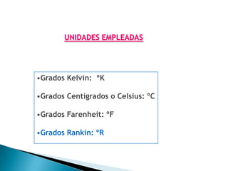 UNIDADES EMPLEADAS




•Grados Kelvin: ºK

•Grados Centígrados o Celsius: ºC

•Grados Farenheit: ºF

•Grados Rankin: ºR
 