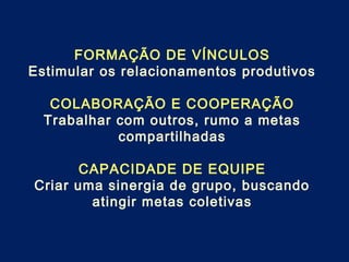 FORMAÇÃO DE VÍNCULOS
Estimular os relacionamentos produtivos
COLABORAÇÃO E COOPERAÇÃO
Trabalhar com outros, rumo a metas
compartilhadas
CAPACIDADE DE EQUIPE
Criar uma sinergia de grupo, buscando
atingir metas coletivas
 