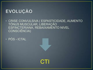 EVOLUÇÃOCRISE CONVULSIVA ( ESPASTICIDADE, AUMENTO TÔNUS MUSCULAR, LIBERAÇÃO ESFINCTERIANA, REBAIXAMENTO NIVEL CONSCIÊNCIA)PÓS - ICTALCTI