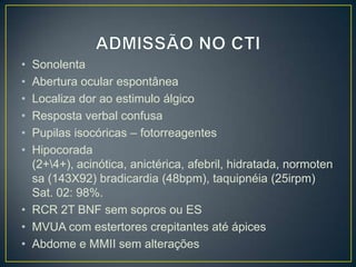 ADMISSÃO NO CTISonolentaAbertura ocular espontâneaLocaliza dor ao estimulo álgicoResposta verbal confusaPupilas isocóricas – fotorreagentesHipocorada (2+\4+), acinótica, anictérica, afebril, hidratada, normotensa (143X92) bradicardia (48bpm), taquipnéia(25irpm) Sat. 02: 98%.RCR 2T BNF sem sopros ou ESMVUA com estertores crepitantes até ápicesAbdome e MMII sem alterações