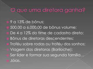 9 a 13% de bônus;
 500,00 a 6.000,00 de bônus volume;
 De 4 a 12% do time de cadastro direto;
 Bônus de diretoras descendentes;
 Troféu sobre rodas ou troféu dos sonhos;
 Viagem das diretoras (Bariloche);
 Ser líder e formar sua segunda família…
 Jóias.


 