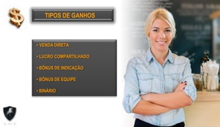 TIPOS DE GANHOS
• VENDA DIRETA
• LUCRO COMPARTILHADO
• BÔNUS DE INDICAÇÃO
• BÔNUS DE EQUIPE
• BINÁRIO
 