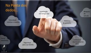 Histórico
de posições
Na Ponta dos
dedos... Localização
em tempo real
Velocidade
mínima e máxima
Cerca
eletrônica Central de
monitoramento
0800
Bloqueio
do
veiculo
Segurança
para sua família
 