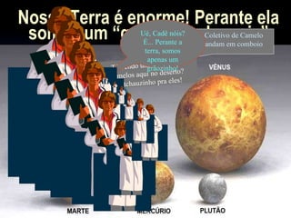 Nossa Terra é enorme! Perante ela somos um “ grãozinho  de areia” Tá vendo uma  cáfila  de camelos aqui no deserto? Dá tchauzinho pra eles! Cáfila : Coletivo de Camelo quando andam em comboio Ué, Cadê nóis? É... Perante a terra, somos apenas um grãozinho! 