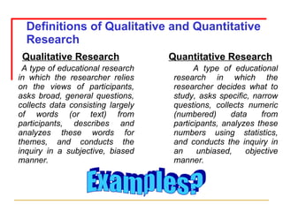 Definitions of Qualitative and Quantitative Research Quantitative Research A  type of educational research in which the researcher decides what to study, asks specific, narrow questions, collects numeric (numbered) data from participants, analyzes these numbers using statistics, and conducts the inquiry in an unbiased, objective manner.   Qualitative Research A  type of educational research in which the researcher relies on the views of participants, asks broad, general questions, collects data consisting largely of words (or text) from participants, describes and analyzes these words for themes, and conducts the inquiry in a subjective, biased manner.   Examples? 