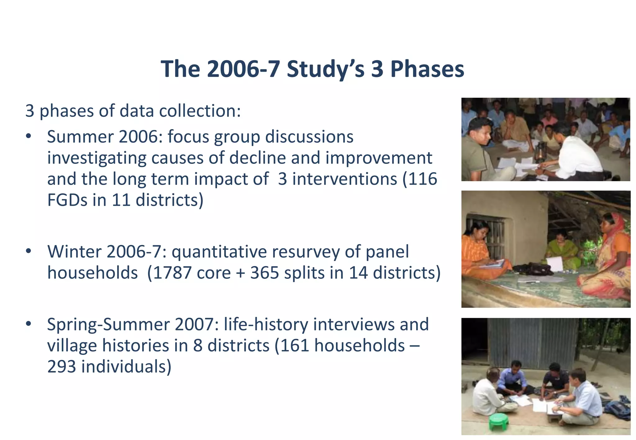 The 2006-7 Study’s 3 Phases 
3 phases of data collection: 
• Summer 2006: focus group discussions 
investigating causes of decline and improvement 
and the long term impact of 3 interventions (116 
FGDs in 11 districts) 
• Winter 2006-7: quantitative resurvey of panel 
households (1787 core + 365 splits in 14 districts) 
• Spring-Summer 2007: life-history interviews and 
village histories in 8 districts (161 households – 
293 individuals) 
 