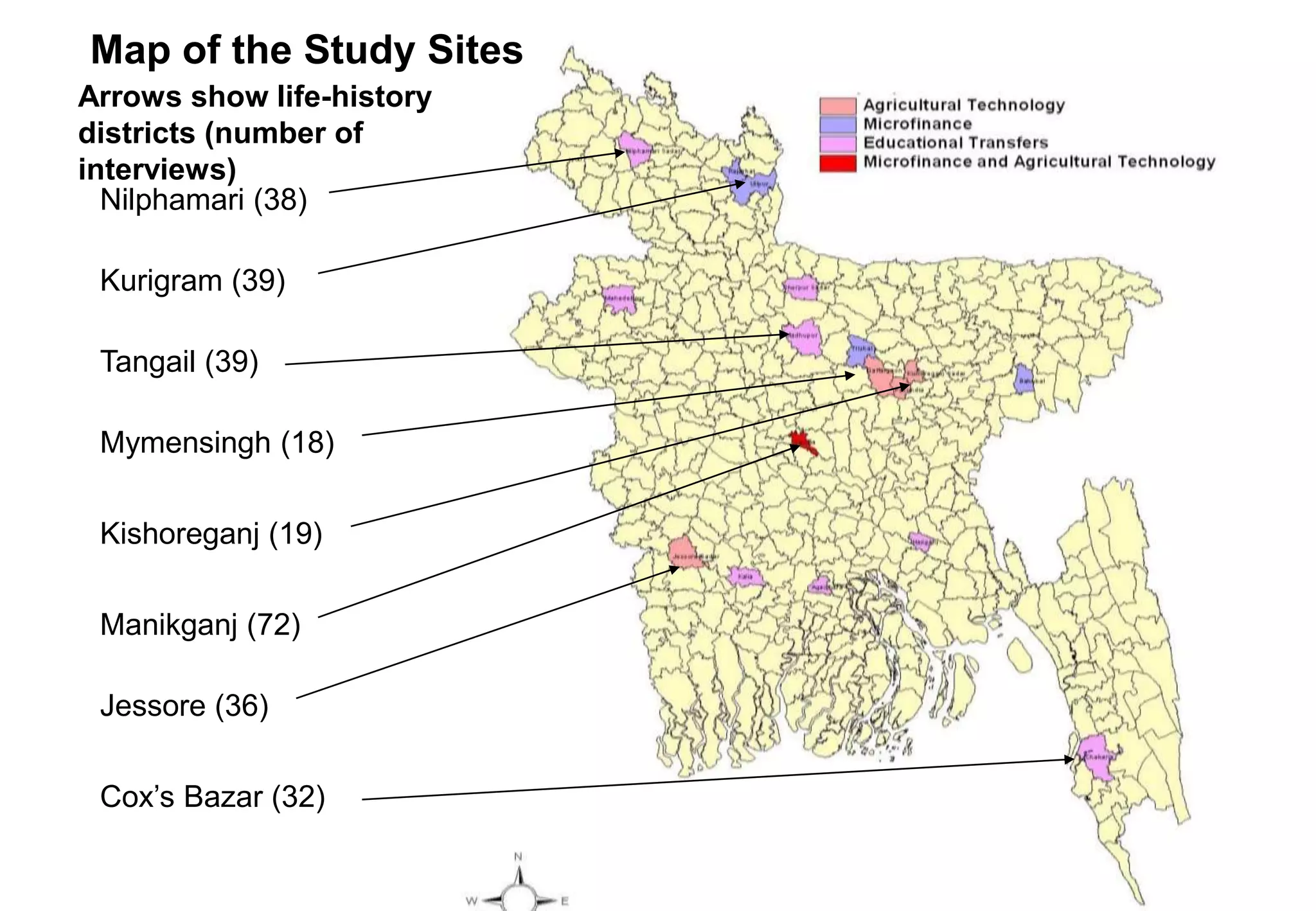 Map of the Study Sites 
Arrows show life-history 
districts (number of 
interviews) 
Nilphamari (38) 
Kurigram (39) 
Tangail (39) 
Mymensingh (18) 
Kishoreganj (19) 
Manikganj (72) 
Jessore (36) 
Cox’s Bazar (32) 
 