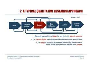 2. A TYPICAL QUALITATIVE RESEARCH APPROACH
                                                                                                                     Berg, B. L. (2007)




                                                                                  Data                                    Dissemi-
                                 Literature                  Design                                   Analysis
          Ideas                                                                 Collection                                 nation
                                  Review




                                                       •  Research begins with rough Ideas that turn slowly into research questions.

                                                 •  The Literature Review gradually builds up knowledge about the research ideas.
                                                            •  The Design is the plan to be followed in order to carry out the research.
                                                                            It must include strategies for the selection of the samples.




University of Coimbra, Ph.D. in Information Sciences & Technologies                                                Research Methods 2009/2010
© A. Dias de Figueiredo, 2010                                                                                                         Slide 16
 