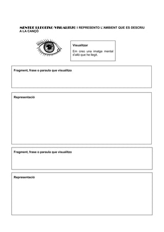 MMMMENTRE LLEGEIXOENTRE LLEGEIXOENTRE LLEGEIXOENTRE LLEGEIXO VISUALITZOVISUALITZOVISUALITZOVISUALITZO I REPRESENTO L’AMBIENT QUE ES DESCRIU
A LA CANÇÓ
Visualitzar
Em creo una imatge mental
d’allò que he llegit.
Fragment, frase o paraula que visualitzo
Representació
Fragment, frase o paraula que visualitzo
Representació
 