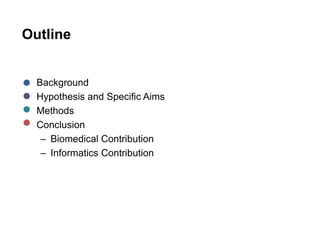 Outline
• Background
• Hypothesis and Specific Aims
• Methods
• Conclusion
– Biomedical Contribution
– Informatics Contribution
 