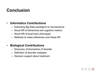 Conclusion
• Informatics Contributions
– Extending Big Data paradigms to neuroscience
– Novel KR of behavioral and cognitive metrics
– Novel KR of local brain phenotype
– Methods to make inferences over these KR
• Biological Contributions
– Discovery of biomarkers of disorder
– Definition of disorder subtypes
– Decision support about treatment
 