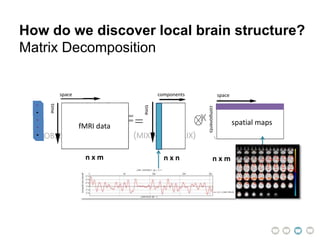 (OBSERVED DATA) (MIXING MATRIX) (ORIGINAL DATA)
X = A SX
n x m n x n n x m
fMRI data
time
time
space spacecomponents
components
spatial maps
How do we discover local brain structure?
Matrix Decomposition
 