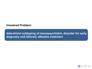 Unsolved Problem:
data-driven subtyping of neuropsychiatric disorder for early
diagnosis and tailored, effective treatment
 