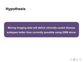 Hypothesis
Mining imaging data will define clinically-useful disease
subtypes better than currently possible using DSM alone.
 