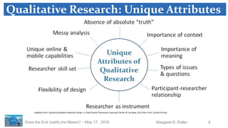 6Margaret R. RollerDoes the End Justify the Means? – May 17, 2018
What is Qualitative Research?Qualitative Research: Unique Attributes
 
