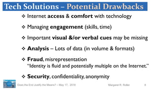 8Margaret R. RollerDoes the End Justify the Means? – May 17, 2018
Tech Solutions – Potential Drawbacks
 Internet access & comfort with technology
 Managing engagement (skills, time)
 Important visual &/or verbal cues may be missing
 Analysis – Lots of data (in volume & formats)
 Fraud, misrepresentation
“Identity is fluid and potentially multiple on the Internet.”
 Security, confidentiality, anonymity
 