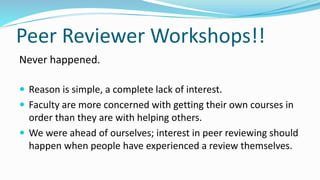 Peer Reviewer Workshops!!
Never happened.
 Reason is simple, a complete lack of interest.
 Faculty are more concerned with getting their own courses in
order than they are with helping others.
 We were ahead of ourselves; interest in peer reviewing should
happen when people have experienced a review themselves.
 