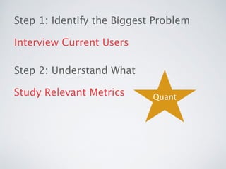 Step 1: Identify the Biggest Problem
Interview Current Users
Step 2: Understand What
Study Relevant Metrics
 Quant
 