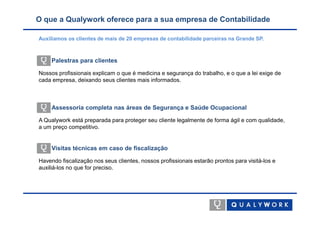 O que a Qualywork oferece para a sua empresa de Contabilidade

Auxiliamos os clientes de mais de 20 empresas de contabilidade parceiras na Grande SP.



     Palestras para clientes

Nossos profissionais explicam o que é medicina e segurança do trabalho, e o que a lei exige de
cada empresa, deixando seus clientes mais informados.



     Assessoria completa nas áreas de Segurança e Saúde Ocupacional

A Qualywork está preparada para proteger seu cliente legalmente de forma ágil e com qualidade,
a um preço competitivo.


     Visitas técnicas em caso de fiscalização

Havendo fiscalização nos seus clientes, nossos profissionais estarão prontos para visitá-los e
auxiliá-los no que for preciso.
 