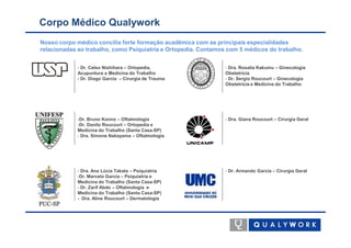 Corpo Médico Qualywork
Nosso corpo médico concilia forte formação acadêmica com as principais especialidades
relacionadas ao trabalho, como Psiquiatria e Ortopedia. Contamos com 5 médicos do trabalho.


            - Dr. Celso Nishihara – Ortopedia,                  - Dra. Rosalia Kakumu – Ginecologia
            Acupuntura e Medicina do Trabalho                   Obstetrícia
            - Dr. Diogo Garcia – Cirurgia de Trauma             - Dr. Sergio Roucourt – Ginecologia
                                                                Obstetrícia e Medicina do Trabalho




            -Dr. Bruno Konno – Oftalmologia                     - Dra. Giana Roucourt – Cirurgia Geral
            -Dr. Danilo Roucourt – Ortopedia e
            Medicina do Trabalho (Santa Casa-SP)
            - Dra. Simone Nakayama – Oftalmologia




            - Dra. Ana Lúcia Takata – Psiquiatria               - Dr. Armando Garcia – Cirurgia Geral
            -Dr. Marcelo Garcia – Psiquiatria e
            Medicina do Trabalho (Santa Casa-SP)
            - Dr. Zarif Abdo – Oftalmologia e
            Medicina do Trabalho (Santa Casa-SP)
            - Dra. Aline Roucourt – Dermatologia
 