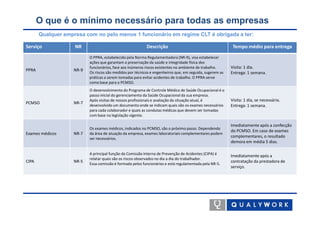O que é o mínimo necessário para todas as empresas
       Qualquer empresa com no pelo menos 1 funcionário em regime CLT é obrigada a ter:

Serviço             NR                                     Descrição                                       Tempo médio para entrega
                           O PPRA, estabelecido pela Norma Regulamentadora (NR-9), visa estabelecer
                           ações que garantam a preservação da saúde e integridade física dos
                           funcionários, face aos inúmeros riscos existentes no ambiente de trabalho.     Visita: 1 dia.
PPRA                NR-9
                           Os riscos são medidos por técnicos e engenheiros que, em seguida, sugerem as   Entrega: 1 semana.
                           práticas a serem tomadas para evitar acidentes de trabalho. O PPRA serve
                           como base para o PCMSO.
                           O desenvolvimento do Programa de Controle Médico de Saúde Ocupacional é o
                           passo inicial do gerenciamento da Saúde Ocupacional da sua empresa.
                           Após visitas de nossos profissionais e avaliação da situação atual, é          Visita: 1 dia, se necessária.
PCMSO               NR-7
                           desenvolvido um documento onde se indicam quais são os exames necessários      Entrega: 1 semana.
                           para cada colaborador e quais as condutas médicas que devem ser tomadas
                           com base na legislação vigente.

                                                                                                          Imediatamente após a confecção
                           Os exames médicos, indicados no PCMSO, são o próximo passo. Dependendo
                                                                                                          do PCMSO. Em caso de exames
Exames médicos      NR-7   da área de atuação da empresa, exames laboratoriais complementares podem
                           ser necessários.
                                                                                                          complementares, o resultado
                                                                                                          demora em média 5 dias.

                           A principal função da Comissão Interna de Prevenção de Acidentes (CIPA) é
                                                                                                          Imediatamente após a
                           relatar quais são os riscos observados no dia a dia do trabalhador.
CIPA                NR-5                                                                                  contratação da prestadora de
                           Essa comissão é formada pelos funcionários e está regulamentada pela NR-5.
                                                                                                          serviço.
 