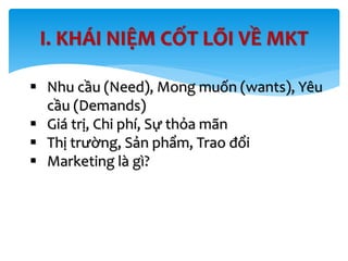 I. KHÁI NIỆM CỐT LÕI VỀ MKT
 Nhu cầu (Need), Mong muốn (wants), Yêu
cầu (Demands)
 Giá trị, Chi phí, Sự thỏa mãn
 Thị trường, Sản phẩm, Trao đổi
 Marketing là gì?
 