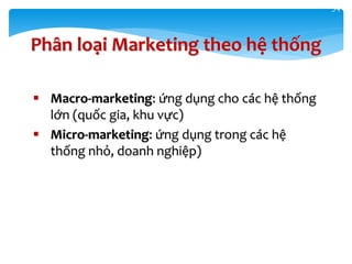 34
Phân loại Marketing theo hệ thống
 Macro-marketing: ứng dụng cho các hệ thống
lớn (quốc gia, khu vực)
 Micro-marketing: ứng dụng trong các hệ
thống nhỏ, doanh nghiệp)
 