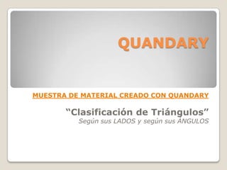 QUANDARY


MUESTRA DE MATERIAL CREADO CON QUANDARY

       “Clasificación de Triángulos”
          Según sus LADOS y según sus ÁNGULOS
 