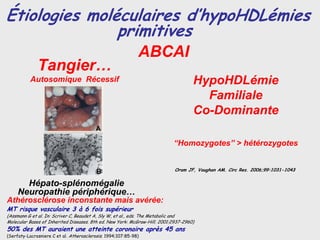 Étiologies moléculaires d’hypoHDLémies
               primitives
                                                             ABCAI
              Tangier…
          Autosomique Récessif                                                      HypoHDLémie
                                                                                      Familiale
                                                                                    Co-Dominante

                                                                           “Homozygotes” > hétérozygotes


                                                                            Oram JF, Vaughan AM. Circ Res. 2006;99:1031-1043


       Hépato-splénomégalie
     Neuropathie périphérique…
Athérosclérose inconstante mais avérée:
MT risque vasculaire 3 à 6 fois supérieur
(Assmann G et al. In: Scriver C, Beaudet A, Sly W, et al., eds. The Metabolic and
Molecular Bases of Inherited Diseases. 8th ed. New York: McGraw-Hill; 2001:2937-2960)
50% des MT auraient une atteinte coronaire après 45 ans
(Serfaty-Lacrosniere C et al. Atherosclerosis. 1994;107:85-98)
 