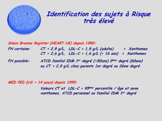 Identification des sujets à Risque
                               très élevé


Simon Broome Register (HEART UK) depuis 1980:
FH certaine:    CT > 2,9 g/L, LDL-C > 1,9 g/L (adulte)    + Xanthomes
                CT > 2,6 g/L, LDL-C > 1,6 g/L (< 16 ans) + Xanthomes
FH possible:    ATCD familial IDM 1er degré (<50ans) 2ème degré (60ans)
                ou CT > 2,9 g/L chez parents 1er degré ou 2ème degré



MED PED (US + 14 pays) depuis 1995:
                Valeurs CT et LDL-C > 95ème percentile / âge et sexe
                xanthomes, ATCD personnel ou familial IDM 1er degré
 