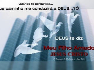 Quando te perguntas... “ Que caminho me conduzirá a DEUS...?” DEUS te diz Meu Filho Amado JESUS CRISTO (1° Timoteo 2:5 - Hechos 4:12 - Juan 3:16) 