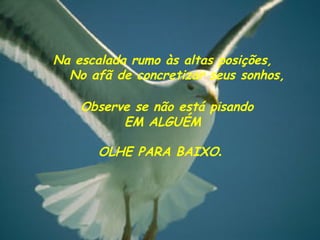 Na escalada rumo às altas posições,      No afã de concretizar seus sonhos,   Observe se não está pisando   EM ALGUÉM OLHE PARA BAIXO .      