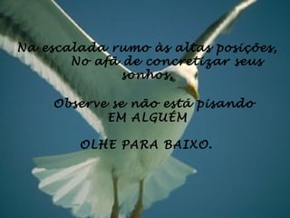 Na escalada rumo às altas posições,
       No afã de concretizar seus
              sonhos,

    Observe se não está pisando
           EM ALGUÉM

        OLHE PARA BAIXO.
                
 