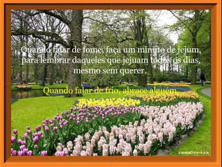 Quando falar de frio, abrace alguém. Quando falar de fome, faça um minuto de jejum, para lembrar daqueles que jejuam todos os dias, mesmo sem querer.  