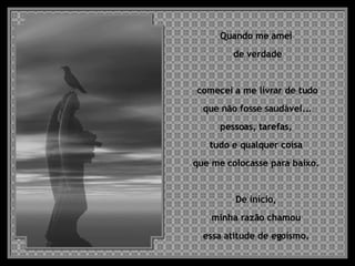 Quando me amei  de verdade comecei a me livrar de tudo que não fosse saudável... pessoas, tarefas,  tudo e qualquer coisa  que me colocasse para baixo.  De início,  minha razão chamou  essa atitude de egoísmo.  