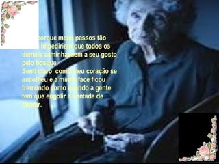 ...Ou porque meus passos tão lentos impediriam que todos os demais caminhassem a seu gosto pelo bosque. Senti claro  como meu coração se encolheu e a minha face ficou tremendo como quando a gente tem que engolir a vontade de chorar. 