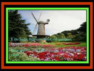 É tão lindo, falar com Deus, em qualquer, momento; Deus, que vê, uma folha, que cai, e é levada ao vento. 