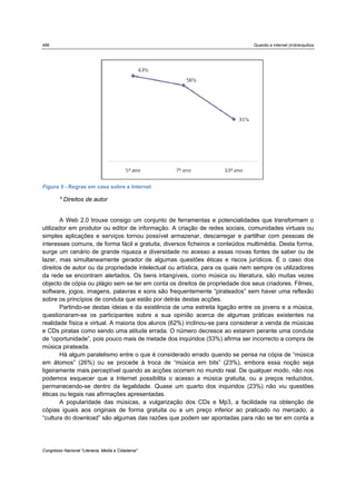 486                                                                            Quando a internet (in)tranquiliza




Figura 5 - Regras em casa sobre a Internet

        * Direitos de autor


        A Web 2.0 trouxe consigo um conjunto de ferramentas e potencialidades que transformam o
utilizador em produtor ou editor de informação. A criação de redes sociais, comunidades virtuais ou
simples aplicações e serviços tornou possível armazenar, descarregar e partilhar com pessoas de
interesses comuns, de forma fácil e gratuita, diversos ficheiros e conteúdos multimédia. Desta forma,
surge um cenário de grande riqueza e diversidade no acesso a essas novas fontes de saber ou de
lazer, mas simultaneamente gerador de algumas questões éticas e riscos jurídicos. É o caso dos
direitos de autor ou da propriedade intelectual ou artística, para os quais nem sempre os utilizadores
da rede se encontram alertados. Os bens intangíveis, como música ou literatura, são muitas vezes
objecto de cópia ou plágio sem se ter em conta os direitos de propriedade dos seus criadores. Filmes,
software, jogos, imagens, palavras e sons são frequentemente “pirateados” sem haver uma reflexão
sobre os princípios de conduta que estão por detrás destas acções.
        Partindo-se destas ideias e da existência de uma estreita ligação entre os jovens e a música,
questionaram-se os participantes sobre a sua opinião acerca de algumas práticas existentes na
realidade física e virtual. A maioria dos alunos (62%) inclinou-se para considerar a venda de músicas
e CDs piratas como sendo uma atitude errada. O número decresce ao estarem perante uma conduta
de “oportunidade”, pois pouco mais de metade dos inquiridos (53%) afirma ser incorrecto a compra de
música pirateada.
        Há algum paralelismo entre o que é considerado errado quando se pensa na cópia de “música
em átomos” (26%) ou se procede à troca de “música em bits” (23%), embora essa noção seja
ligeiramente mais perceptível quando as acções ocorrem no mundo real. De qualquer modo, não nos
podemos esquecer que a Internet possibilita o acesso a música gratuita, ou a preços reduzidos,
permanecendo-se dentro da legalidade. Quase um quarto dos inquiridos (23%) não viu questões
éticas ou legais nas afirmações apresentadas.
        A popularidade das músicas, a vulgarização dos CDs e Mp3, a facilidade na obtenção de
cópias iguais aos originais de forma gratuita ou a um preço inferior ao praticado no mercado, a
“cultura do download” são algumas das razões que podem ser apontadas para não se ter em conta a




Congresso Nacional "Literacia, Media e Cidadania"
 