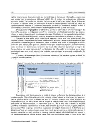 488                                                                                           Quando a internet (in)tranquiliza



aplicar programas de desenvolvimento das competências de literacia da informação é, assim uma
das tarefas mais importantes da biblioteca” (2002: 18). O modelo de avaliação das bibliotecas
escolares inclui a “promoção das literacias da informação, tecnológica e digital” (Rede Bibliotecas
Escolares, 2010) como sendo um subdomínio do apoio ao desenvolvimento curricular. As metas de
aprendizagem na área das TIC partem do pressuposto que elas são necessárias ao longo de toda a
escolaridade, funcionando como “uma área de formação transversal” (Costa, 2010: 935).
       Então, que intervenção poderá ter a Biblioteca Escolar na promoção de um uso mais seguro da
Internet? A sua acção poderá passar por definir e caracterizar a realidade contextual em que os seus
alunos se situam, diagnosticando eventuais problemas e dificuldades no campo das literacias digitais,
estabelecendo abordagens úteis para potenciar as vantagens e combater as ameaças da Internet.
       Chegados a este ponto, outras questões se levantam: o que fazer com estes dados? Que
utilidade poderá a biblioteca escolar retirar da informação recolhida? Numa sociedade inundada pela
abundância e desarrumação da informação, onde a Internet abre portas à construção de novos
contextos para o saber, será possível à Escola educar para as literacias digitais? Se incorporarmos
estas temáticas nos documentos orientadores da Escola não estaremos a promover e integrar de
forma efectiva os vários “aprendentes” na Sociedade da Informação e a incentivar-se os seus
profissionais para uma praxis geradora de projectos que promovam a segurança na utilização da
Internet?
       O quadro 5 é um exemplo dessa possibilidade de inclusão das literacias digitais no Plano de
Acção da Biblioteca Escolar.


           Quadro 5 – Excerto do Plano de Acção da Biblioteca do Agrupamento de Escolas do Vale de Ovil para 2009/2013




       Diagnosticar e só depois escolher o modo de intervir no fomento das literacias digitais é a
nossa proposta. É fulcral percebermos como é que os “nossos” alunos se posicionam, por exemplo,
face a questões éticas como os direitos de autor ou o modus operandi num motor de busca, ao
depararem-se com um site que tem texto e imagem e parece conter tudo o que necessitam para
realizarem um trabalho escolar2. Se verificamos que o A., no 3º ano, faria “o texto e a imagem
guardava numa pasta e depois metia no texto”, mas considera que “é um bocado perigoso”, não será
preciso desmitificar os perigos e incentivar o uso desta tecnologia? Ou no caso da B, do 7º ano, que
já sabe que “seria um pouco arriscado passar todo o texto que encontrava no primeiro site”, porque é
para um trabalho e, por isso, “copiaria as imagens, mas não copiaria o texto todo; faria um resumo e
se houvesse partes que valesse a pena copiar, faria, mas punha entre aspas”, a nossa acção não



Congresso Nacional "Literacia, Media e Cidadania"
 