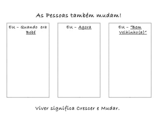 As Pessoas também mudam!
EU – Quando era      EU – Agora          EU – “Bem
       Bebé                              Velhinho(a)”




          Viver significa Crescer e Mudar.
 
