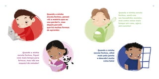 Quando a minha
escola fechou, pensei
«Ai a matéria que eu
vou perder!», mas
depois percebi
que há muitas formas
de aprender.
Quando a minha
escola fechou, fiquei
com mais tempo para
brincar, mas não me
esqueci de estudar!
Quando a minha escola
fechou, senti-me
um bocadinho sozinho,
mas como estou mais
tempo em casa, agora
até cozinho!
Quando a minha
escola fechou, olhei
mais pela janela
e descobri muita
coisa bela!
14 15
 