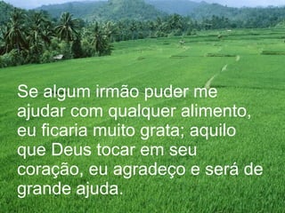 Se algum irmão puder me ajudar com qualquer alimento, eu ficaria muito grata; aquilo que Deus tocar em seu coração, eu agradeço e será de grande ajuda. 