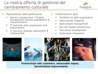 La nostra offerta di gestione del
cambiamento culturale
Miglioramento delle performance

Service management / Product
development process assessment &
industrialization
IT technical debt assessment and
improvement
IT sourcing strategy assessment &
improvement

Trasformazione agile

Transition to agile organization
Value stream mapping
Agile project management
Kan-ban based maintenance
Test driven development
Continuous integration

Partnerships with customers, measurable impact,
benchmarked improvements
6

 