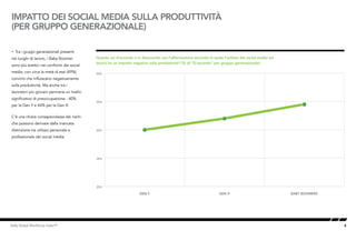 8Kelly Global Workforce Index™
IMPATTO DEI SOCIAL MEDIA SULLA PRODUTTIVITÀ
(PER GRUPPO GENERAZIONALE)
• Tra i gruppi generazionali presenti
nei luoghi di lavoro, i Baby Boomer
sono più scettici nei confronti dei social
media, con circa la metà di essi (49%)
convinti che influiscano negativamente
sulla produttività. Ma anche tra i
lavoratori più giovani permane un livello
significativo di preoccupazione - 40%
per la Gen Y e 44% per la Gen X.
C’è una chiara consapevolezza dei rischi
che possono derivare dalla mancata
distinzione tra utilizzo personale e
professionale dei social media.
Quanto sei d’accordo o in disaccordo con l’affermazione secondo la quale l’utilizzo dei social media sul
lavoro ha un impatto negativo sulla produttività? (% di “D’accordo” per gruppo generazionale)
20%
30%
40%
50%
60%
BABY BOOMERSGEN XGEN Y
Productivity Impact of Social Media (By Generation)
 