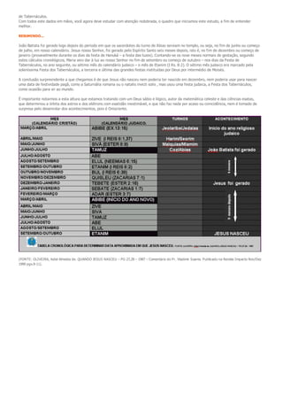 de Tabernáculos.
Com todos este dados em mãos, você agora deve estudar com atenção redobrada, o quadro que iniciamos este estudo, a fim de entender
melhor.
RESUMINDO...
João Batista foi gerado logo depois do período em que os sacerdotes do turno de Abias serviam no templo, ou seja, no fim de junho ou começo
de julho, em nosso calendário. Jesus nosso Senhor, foi gerado pelo Espírito Santo seis meses depois, isto é, no fim de dezembro ou começo de
janeiro (provavelmente durante os dias da festa de Hanuká – a festa das luzes). Contando-se os nove meses normais de gestação, segundo
estes cálculos cronológicos, Maria veio dar à luz ao nosso Senhor no fim de setembro ou começo de outubro – nos dias da Festa de
Tabernáculos, no ano seguinte, ou sétimo mês do calendário judaico – o mês de Etanim (I Rs. 8:2). O sétimo mês judaico era marcado pela
soleníssima Festa dos Tabernáculos, a terceira e última das grandes festas instituídas por Deus por intermédio de Moisés.
A conclusão surpreendente a que chegamos é de que Jesus não nasceu nem poderia ter nascido em dezembro, nem poderia usar para nascer
uma data de festividade pagã, como a Saturnália romana ou o natalis invicti solis , mas usou uma festa judaica, a Festa dos Tabernáculos,
como ocasião para vir ao mundo.
É importante notarmos a esta altura que estamos tratando com um Deus sábio e lógico, autor da matemática celeste e das ciências exatas,
que determinou a órbita dos astros e dos elétrons com exatidão inestimável, e que não faz nada por acaso ou coincidência, nem é tomado de
surpresa pelo desenrolar dos acontecimentos, pois é Onisciente.
(FONTE: OLIVEIRA, Adiel Almeida de. QUANDO JESUS NASCEU – PG 27,28 – 1987 – Comentário do Pr. Vladimir Soares. Publicado na Revista Impacto Nov/Dez
1999 pgs.9-11).
 