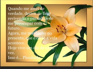Quando me amei de verdade, desisti de ficar revivendo o passado e de me preocupar com o futuro.  Agora, me mantenho no presente, que é onde a vida acontece. Hoje vivo um dia de cada vez.  Isso é... Plenitude. 